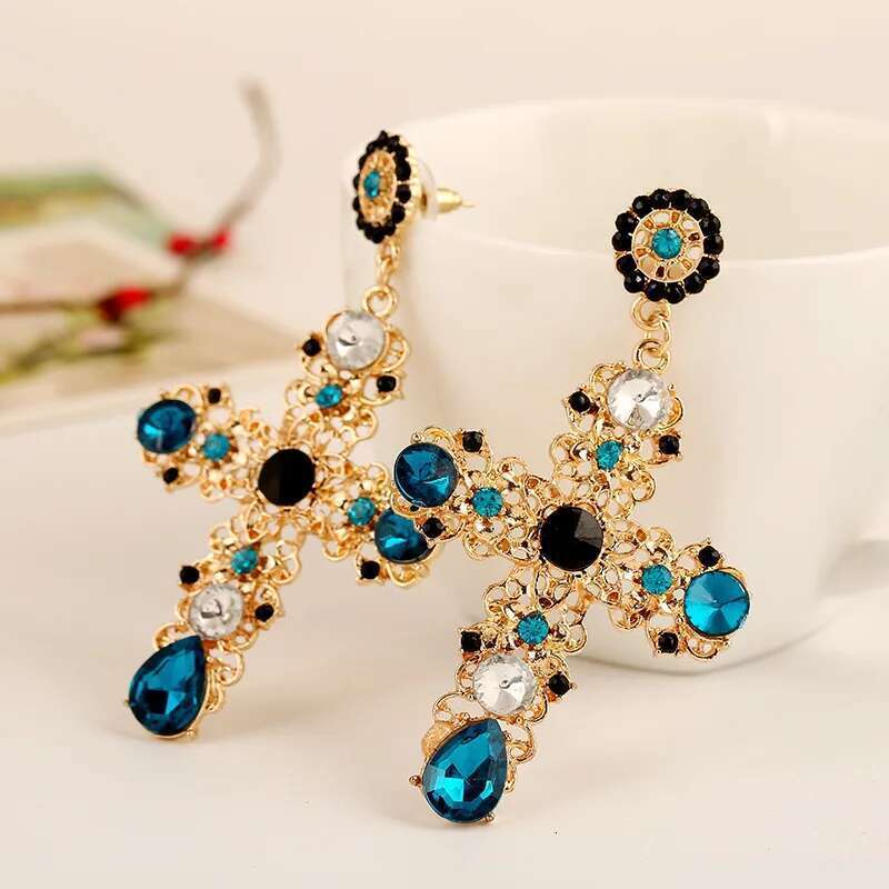 New Arrival Vintage Black Pink Crystal Cross Drop For Women Baroque Bohemian Large Long Earrings Jewelry Brincos 2023