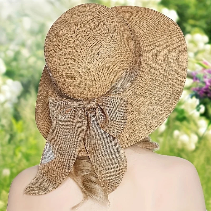 2 khaki wave beach womens sun hats and woven shoulder bags combined with fashionable pleated lightweight and breathable 250430