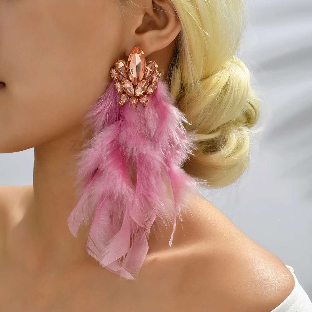 Multicolor Long Feather Dangle Earrings For Women Shiny Colorful Crystal Glass Fashion Pendant Wedding Prom Jewelry Accessories
