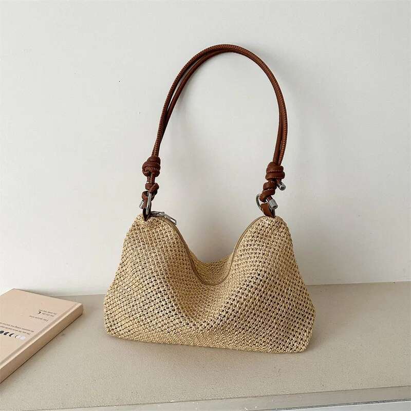 Woven Patchwork Casual Straw Shoulder Beach Tote Bag