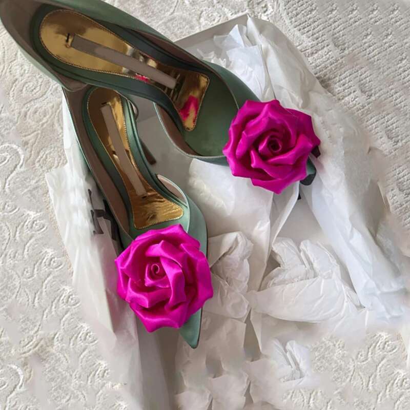 Spring and summer new pointed side empty satin rose flower single shoes thin high-heeled banquet dress versatile women's sandals