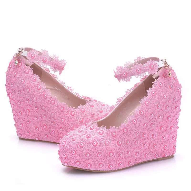 Spring pearl rhinestone lace waterproof platform wedding slope heel high-heeled large size banquet dress women's shoes