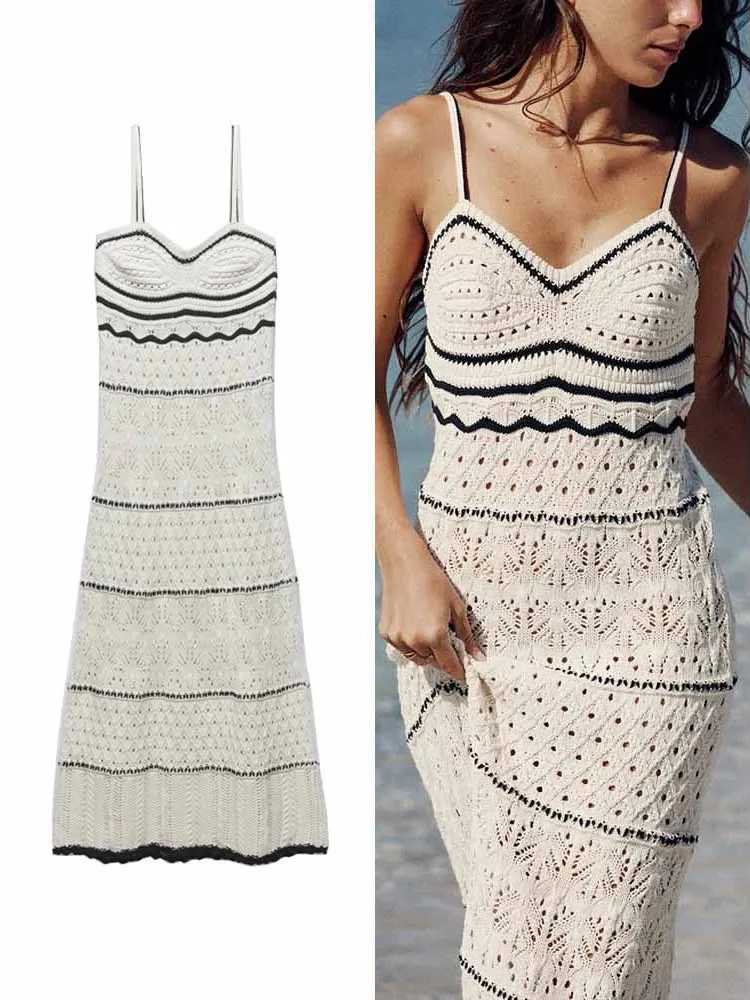 ZABA womens beach style crochet hollow ultra-thin suspender sweater long dress fashionable and elegant sleeveless spaghetti strap sexy dress W250430