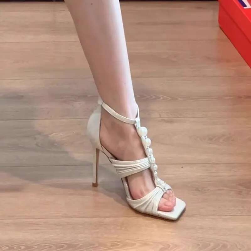 Summer new square toe exposed leather wrinkled pearl T-shaped sexy thin high-heeled banquet dress women's sandals