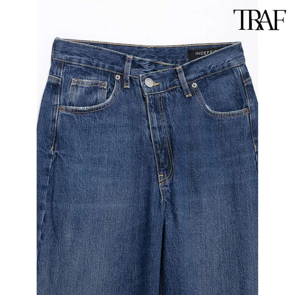 TRAF high-waisted Slim wide-legged denim casual elegant straight trousers temperament street women's clothing