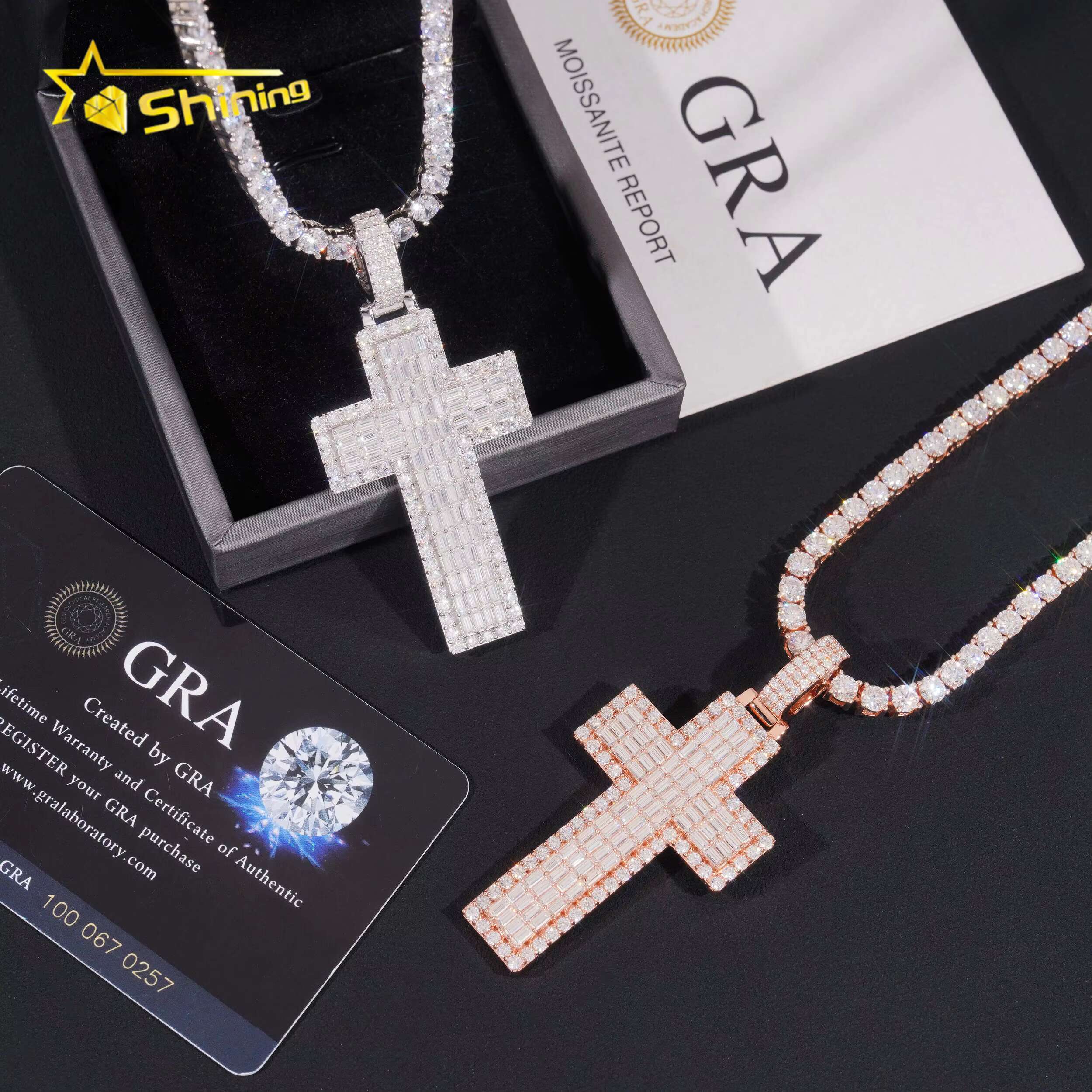 New Baguette Moissanite Cross Pendant 925 Sterling Silver Gold Plated Pass Diamond Tester GRA Moissanite Charms Necklace