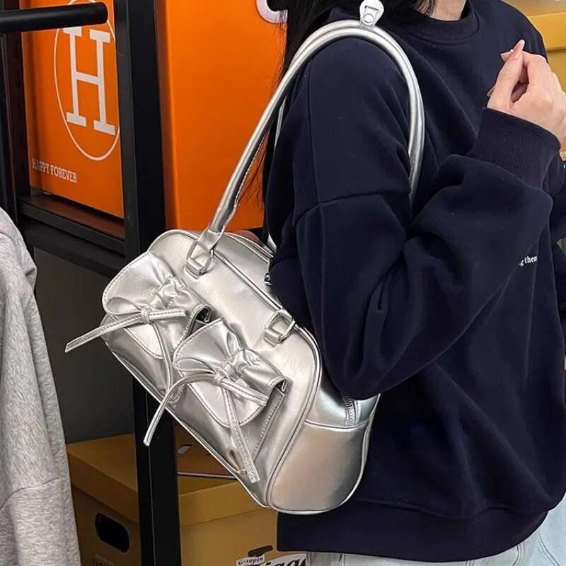 Xiuya Sier Pleated Womens Shoulder Elegant Gentle Korean Fashion Leather Handbag Bow Sweet New Simple Ladies Boston Bag