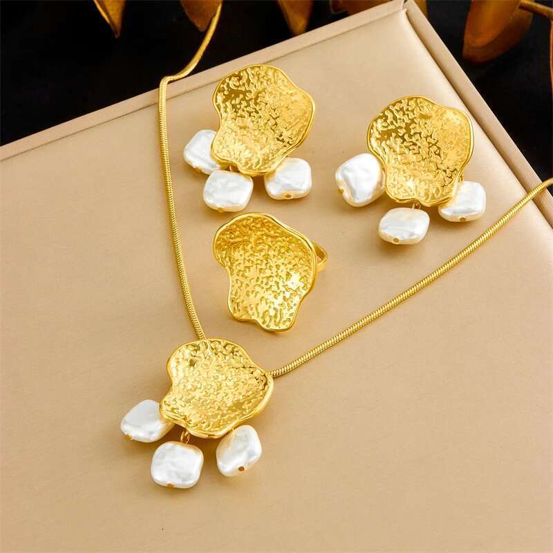 LAMENGLY 316L Stainless Geometry Cheese Pearl Pendant Earrings Necklace Ring Women New Creative Gold Plated Jewelry Set Gift