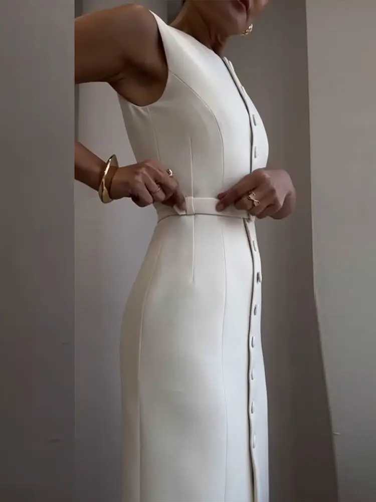 Womens long summer casual simple solid sleeveless round neck single chest dress fastened waist lace workwear W250430