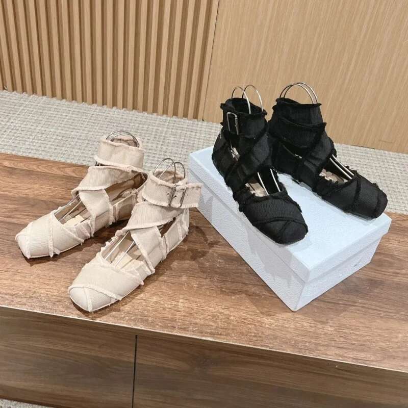 Cross Tied Fringe Ballet Square Toe Flat Shoes Hollow Out Shallow Mental Buckle Mary Janes Solid Patchwork Retro Pumps