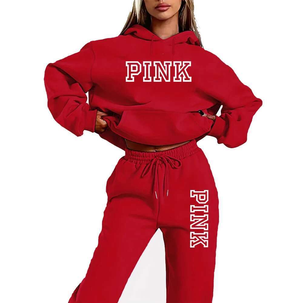 Pink Lady Hoodie And Skinny Pants 2 Piece Hooded Sweatshirt Outfit with Letter Print Sporty Tracksuit Fashionable Ladies Set