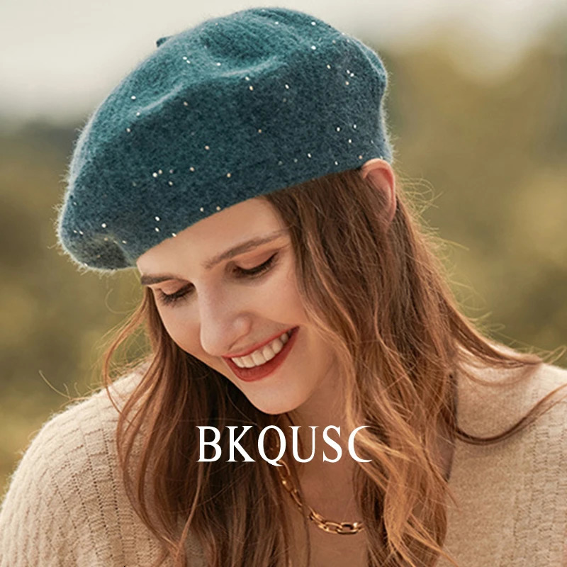 Spring womens knitted beret womens colored velvet knitted painter beret womens small sequin fashion artist beret 250430
