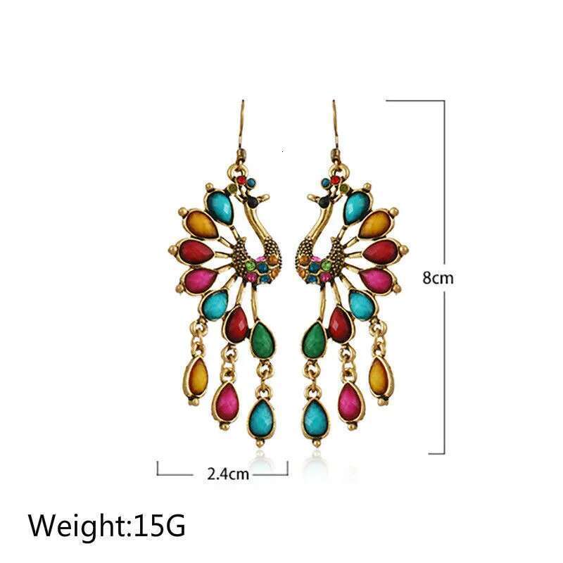 Vintage Bohemian Pea For Women Boho Antique Gold Color Multicolor Rhinestone Ethnic Resin Dangle Earrings