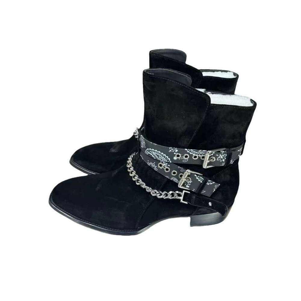 Metal Chain Frosted Double Buckle Fashion Ankle Boots High Top Pointed Casual Dress Shoes Men