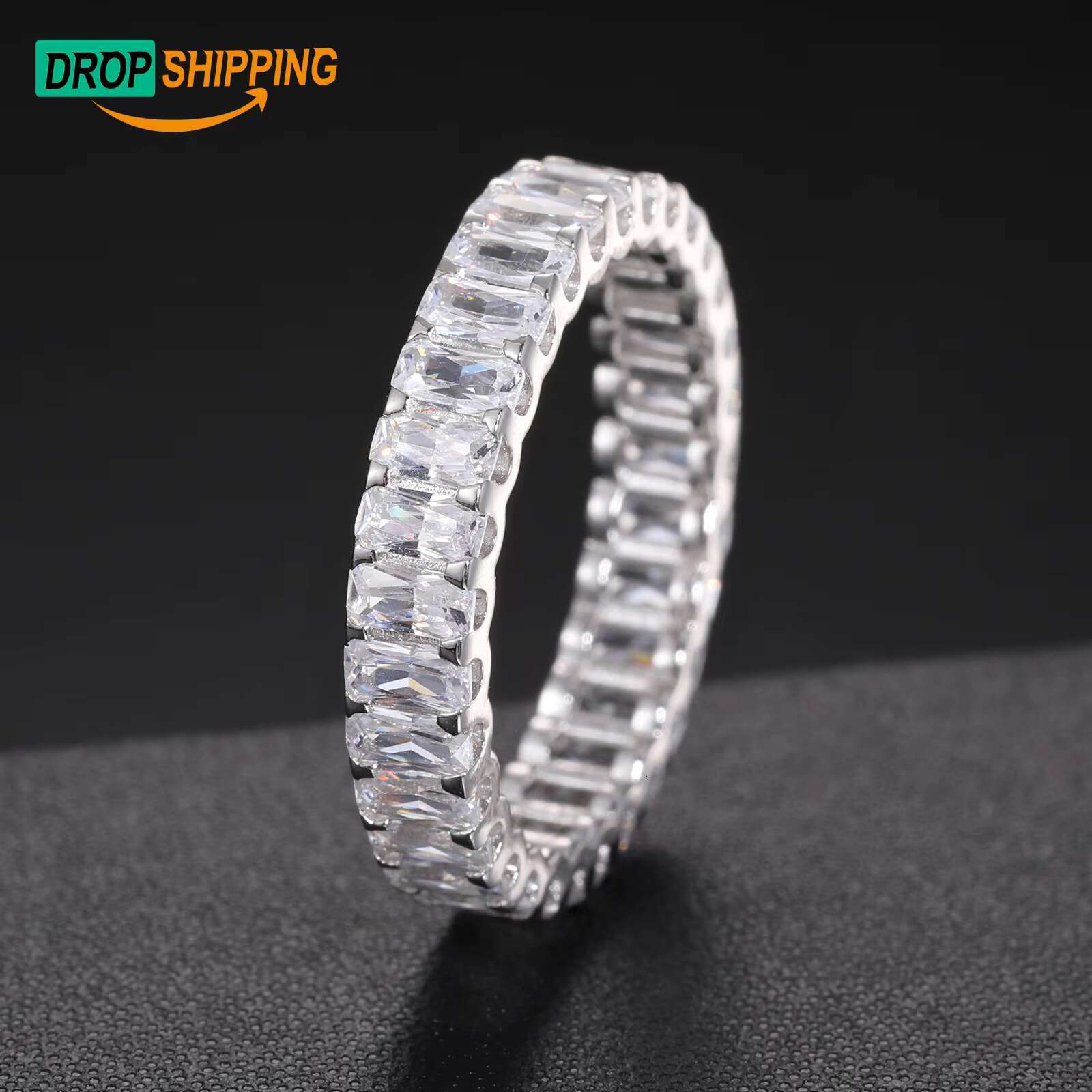 Dropshipping 4*2mm Baguette Moissanite Eternity Ring 925 Sterling Silver VVS Mossanite Diamond Engagement Jewelry Fashion Women