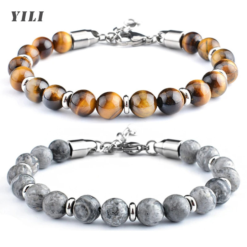 Stainless Steel Bracelet for Men 8mm Map Stone Tiger Eye Bracelet Handmade Natural Stone Beaded Bracelet Adjustable Jewelry Gift 250430