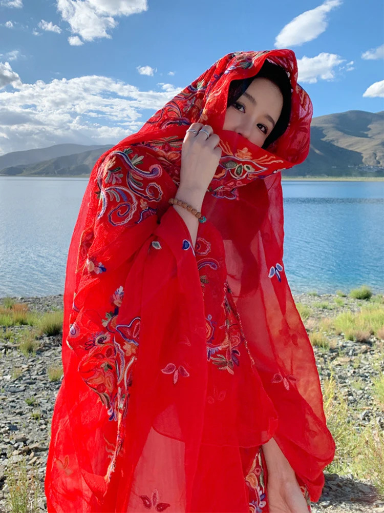 Summer Elegant Women Silk Scarf Beach Wrap Shawl Embroidered Floral Lady Sunscreen Bandana Hijab Mujer Bohemian Scarve Pareo 250430