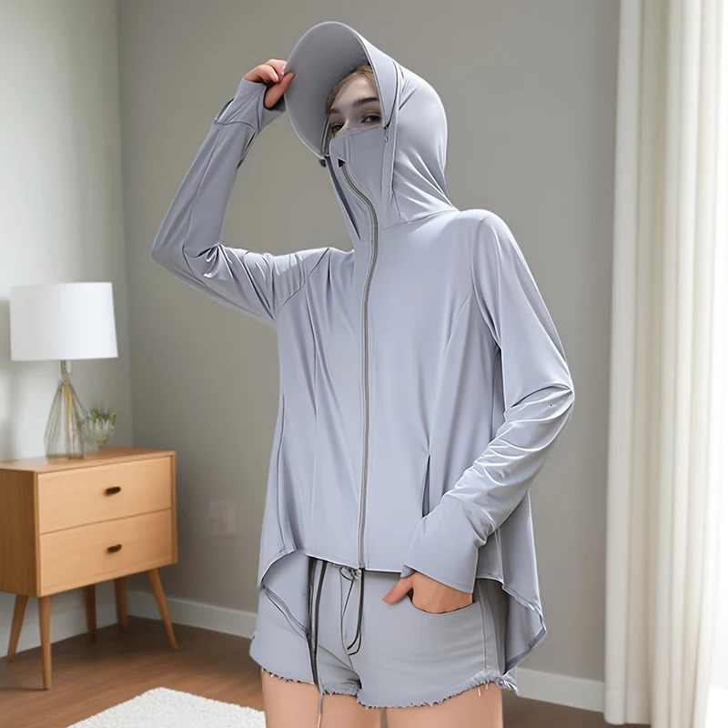 UV resistant hooded sweatshirt long sleeved front short pocket summer womens casual solid jacket 250428