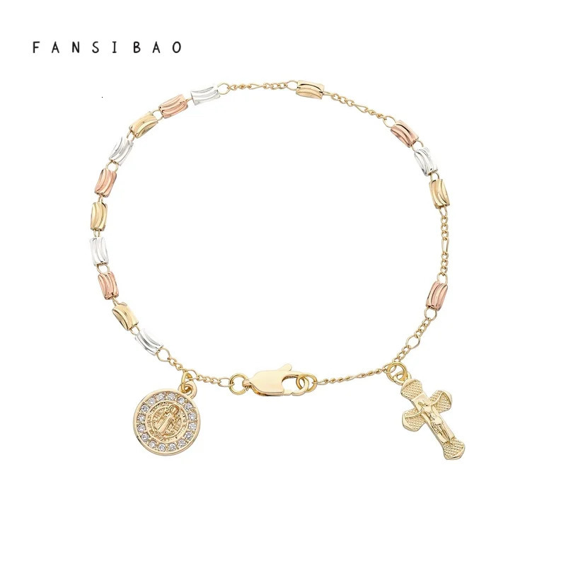 FanSibao Retro Style Virgin Mary Tricolor Prayer Bead Bracelet with Cross Element Womens Fashion Wrist Accessory 250428