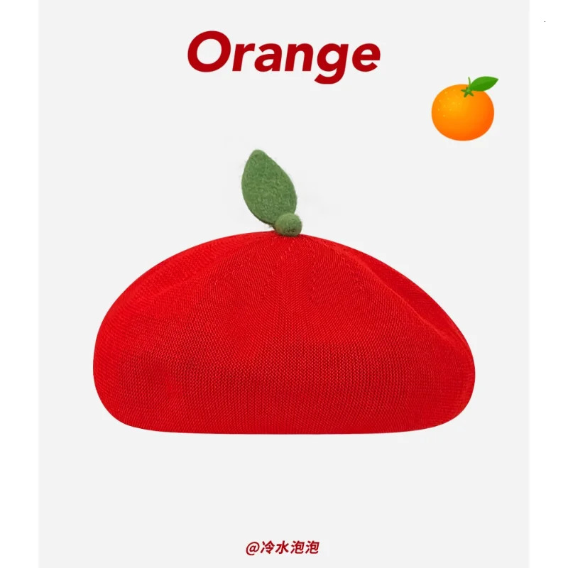 Japanese Cute Orange Shape Breathable Mesh Beret Womens Summer Fashion Edition Sweet Knitted Paint Hat Y2K 250430