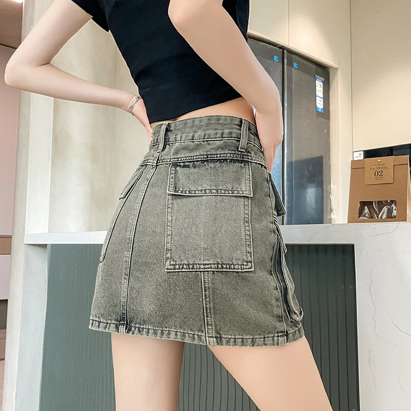 KSTUN 2025 Summer Womens Denim Skiing Grey High Waist Cargo Jeans Retro Multi Pocket n Sexy Girl Sprint 250425