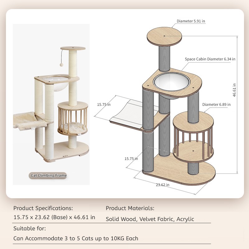 Beige, High 41.6 Inch.Cat Tree Eco-Friendly Solid Timber Multi-Level Large Cat Tree Tower Tall Perfect Playground