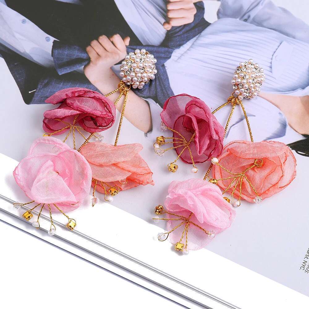 Elegant Fashion Yarn Flower Charm Decor Long Dangle Drop Earrings For Women Trend Female Unusual Wedding Party Jewelry