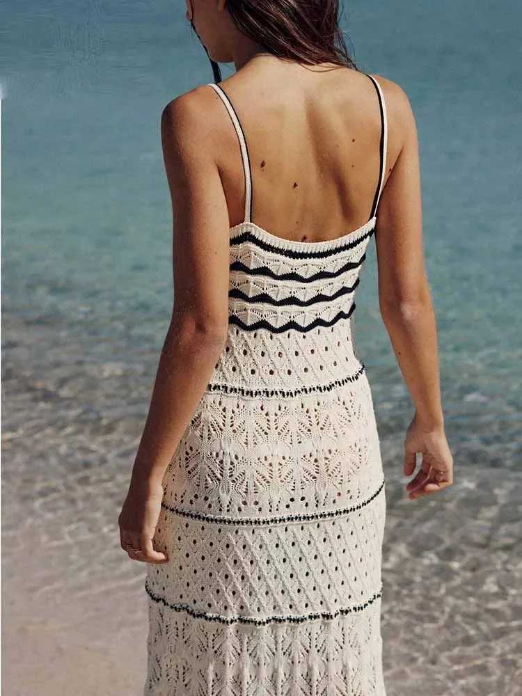 ZABA womens beach style crochet hollow ultra-thin suspender sweater long dress fashionable and elegant sleeveless spaghetti strap sexy dress W250430