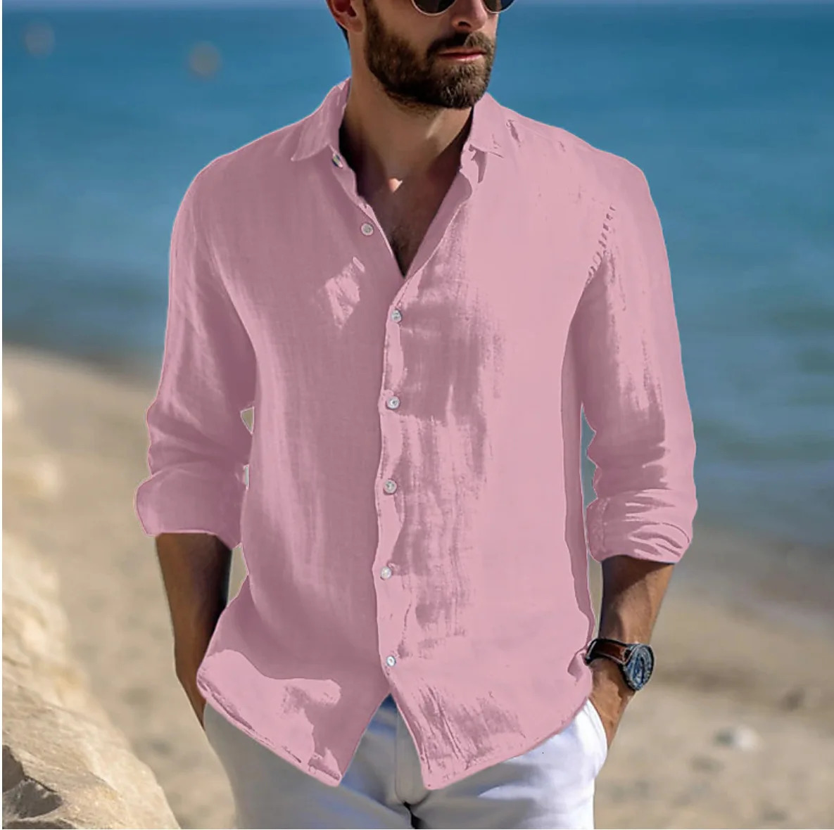 Spring and summer mens button up long sleeved plain collar crossover spring casual Japanese clothing 250427