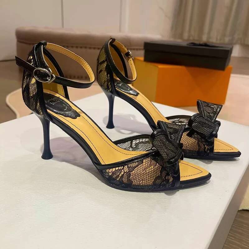Summer new pointed fish mouth lace mesh bow stilet-heeled high-heeled banquet dress versatile bag-heeled women's sandals