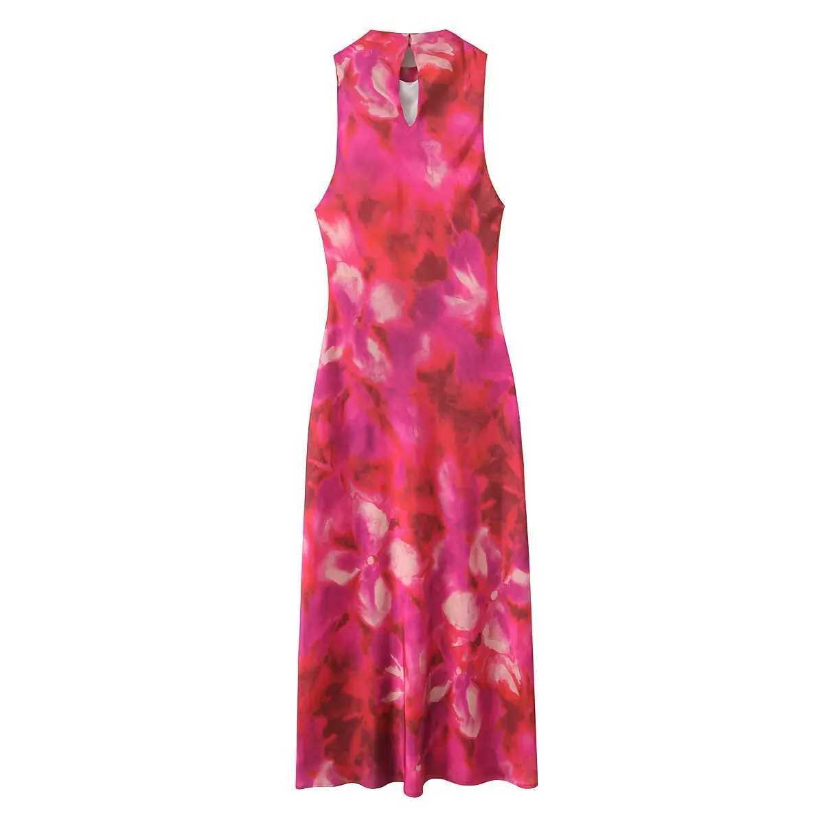 ZBZA womens printed satin effect Midi Skirt round neck sleeveless slim fit hem dress for spring and summer new casual chic long skirt W250430