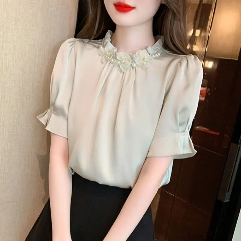 Summer French Stand up Collar and Flip Loose Fit Fashion Niche Short Sleeve Ruffle Top 250422