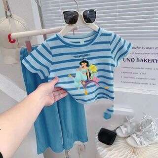 Baby Girl Striped Short Sleeved 2025 Summer New Cartoon Printed Western-Style Cool Wide Leg Pants Two-Piece Set For Children
