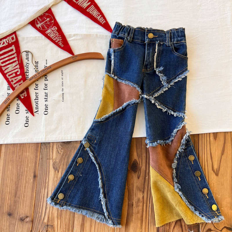childrens Clothing Childrens Second-hand Irregular Splicing Denim Bell Bottom Pants Spicy Girl Pants Y2504302TCY