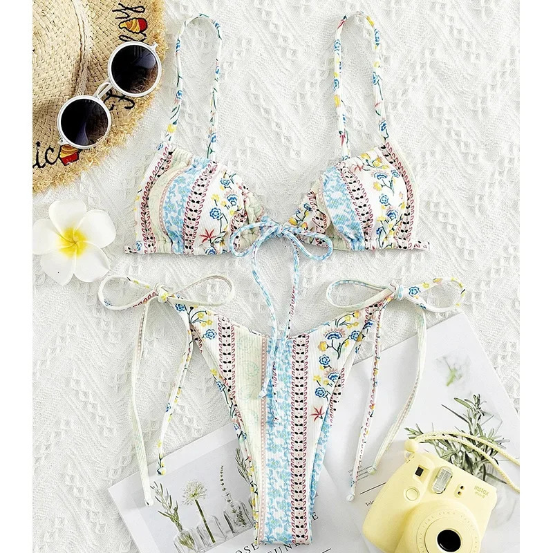 Floral Print String Bandage Bikini Set Swimwear Women Summer Sexy Push Up Bathing Suit Beachwear Halter Biqiuni Swimsuit 250428