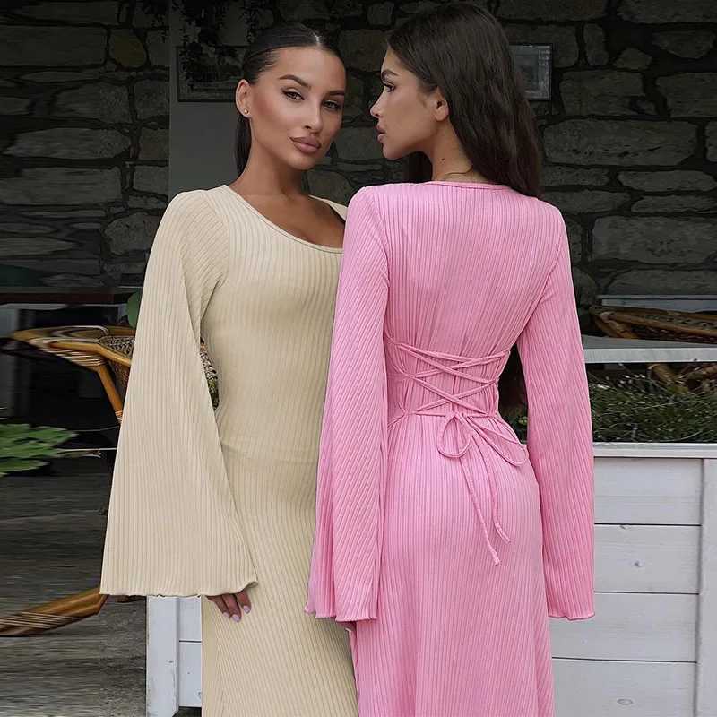 Loose U-neck shoulder strap long sleeved dress new fashion womens clothing autumn season cross-border style elegant silhouette W250430