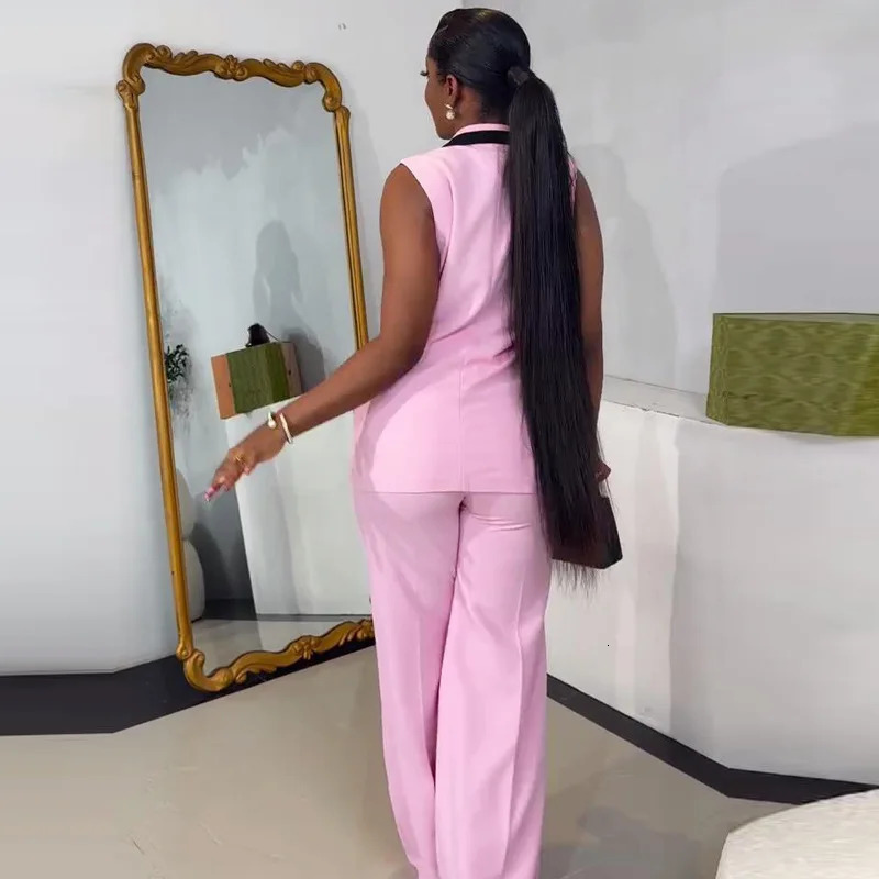 Pants set womens twopiece matching work elegant double chest top vest wide leg pants high waist Y2k pink 250530