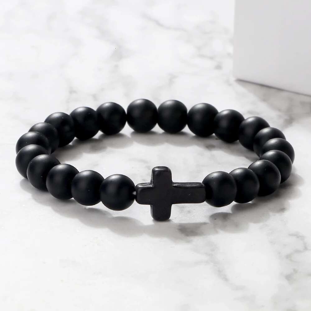 Charm Natural Stone Bracelet Cross Black Lava Matte Beaded Bracelets Handmade Men Women Prayer Fiess Chain Couple Jewelry Gift