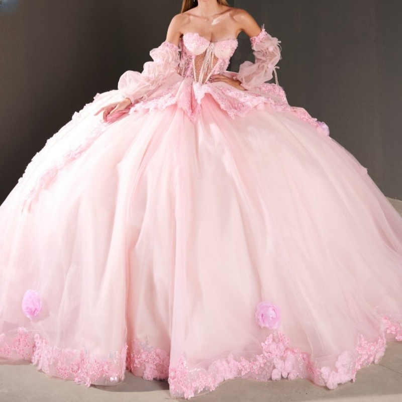 Pink Quinceanera Dresses Off Shoulder Ball Gown Sweet 16 Dress Applique Flower Beads Tull Birthday Party Vestidos 15 Anos