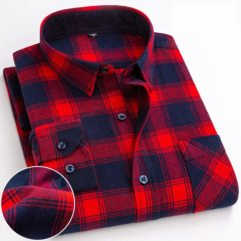 6XL mens long sleeved 100 pure cotton plaid autumn and winter wool largesized highquality slim casual clothing fashionable 250427