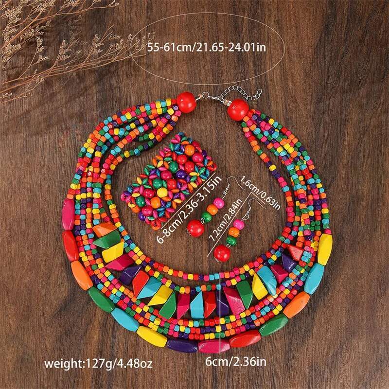 Boho Multilayer Big Colorful Wood Set Geometry Necklace Earrings Sets Nigerian Wedding Indian Africal Beads Jewelry Gift