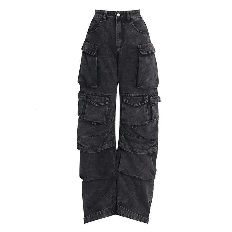 Trendy Women's Denim Workwear Street Style Black & Grey Multi-Pocket Jeans | American Casual High-Waist Functional Design