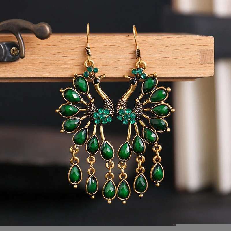 Vintage Bohemian Pea For Women Boho Antique Gold Color Multicolor Rhinestone Ethnic Resin Dangle Earrings