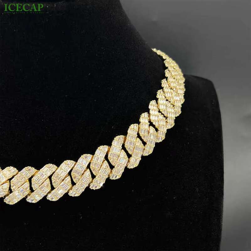 18mm Custom Baguette Pass Diamond Tester Iced Out DVVS Moissanite White Gold 925 Silver Chain Necklace Miami Cuban Link Chain