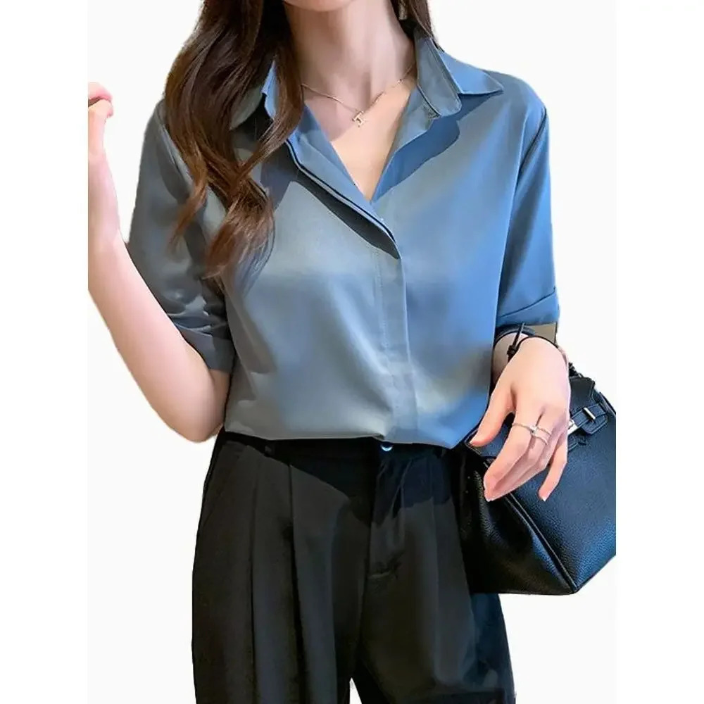 Black shirt womens summer slim fit n sensual niche chiffon top 2023 short sleeved professional white 250422