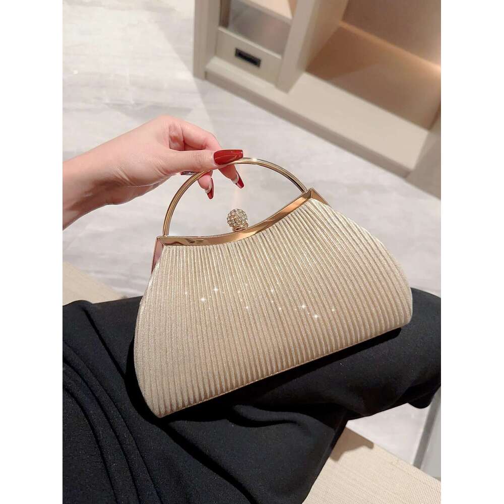 Women's Classic Pleated Design Shiny Handheld With Rhinestone Decoration Evening Dress Party Prom Bag Dr