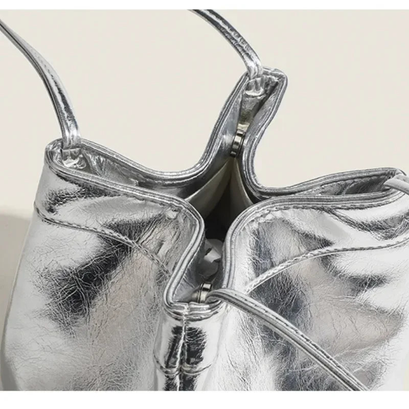 Trend Womens Casual Korean Edition Small Square Bag Fashion Bucket Bag Simple Handbag Silver Wallet 250427
