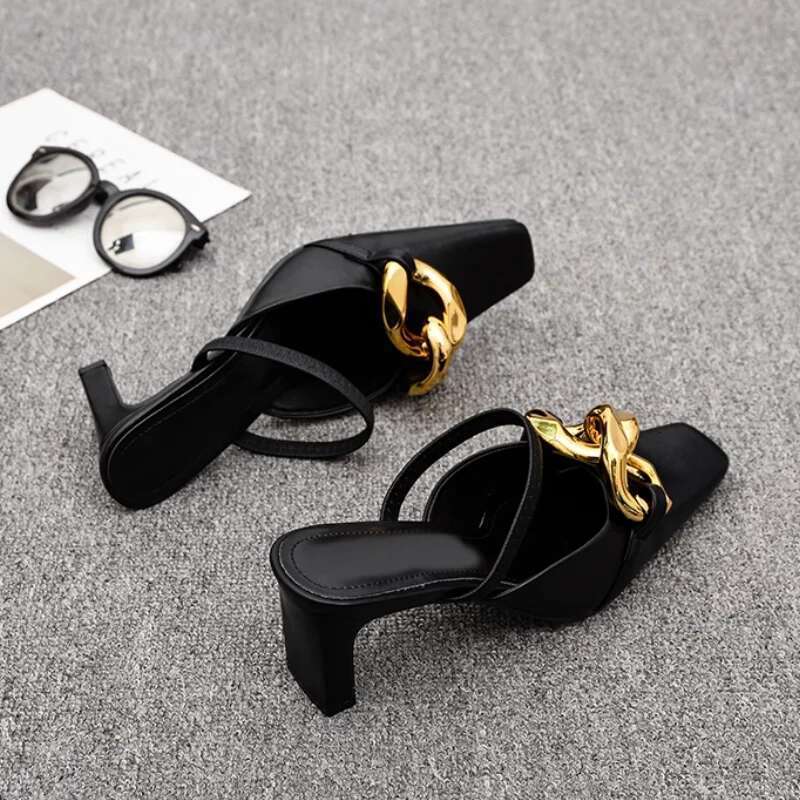 Fashion Metal Chain Women Slippers Square Toe Slingback Sandals Slip-on High Heels Comfortable Casual Mules One Word Belt Shoes