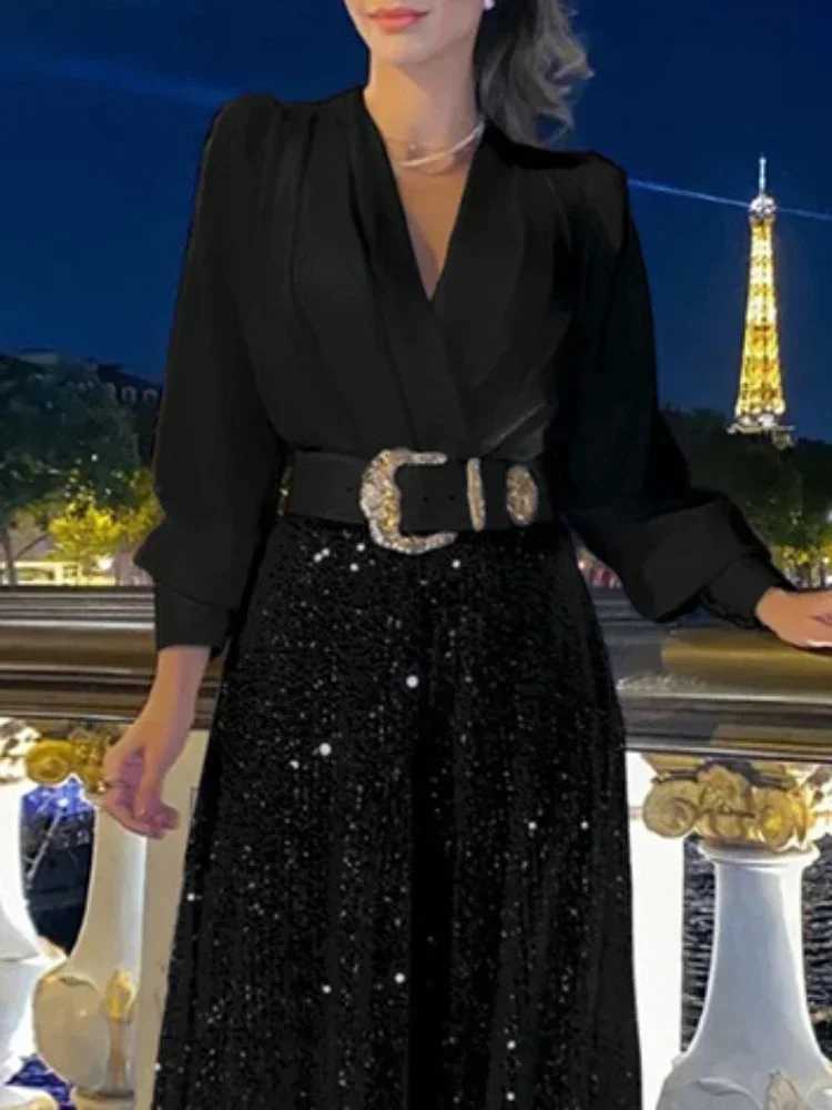 BWQ patchwork sequin long dress for women fashionable folding loose V-neck elegant dress for women party evening dress luxury 2024 W250430