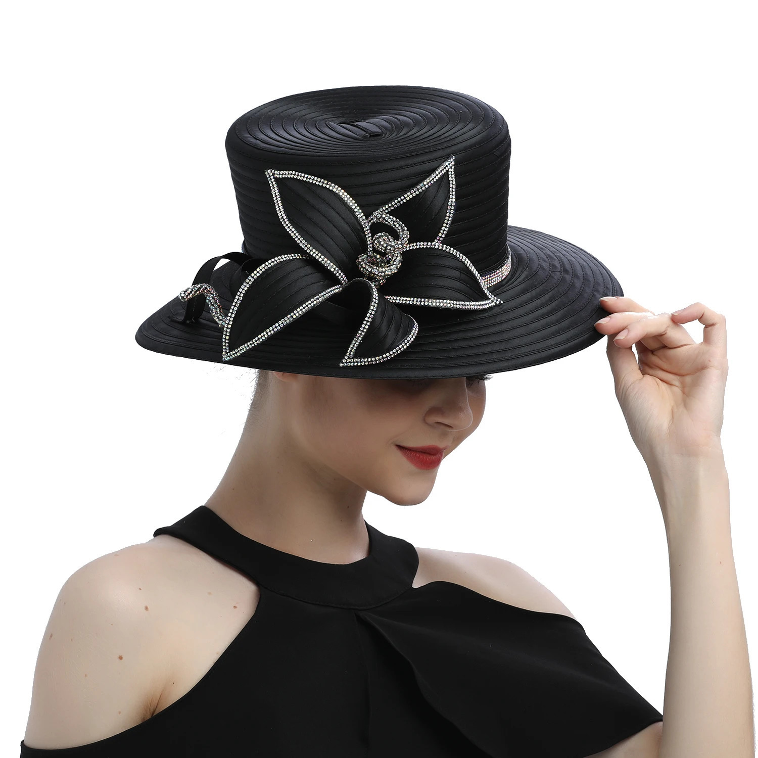 Premium Fancy Black Satin Cloth Church Hat Formal Pography Hats Chains Fashion Flower Wedding Top Hat for Women Ladies Girls 250430